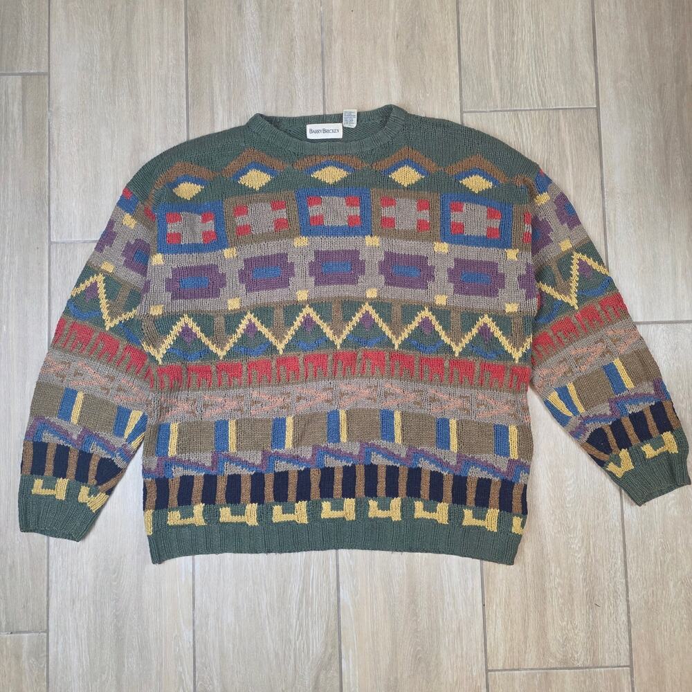 Vintage Barry Bricken Sweater Mens XL Silk Cotton Geometric Made Hong Kong 90s